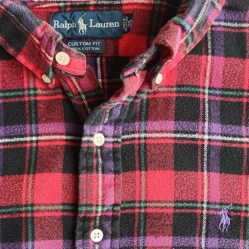 Ralph Lauren Mens Plaid Flannel Shirt Size XL Polo Pony Custom Fit Long Sleeve